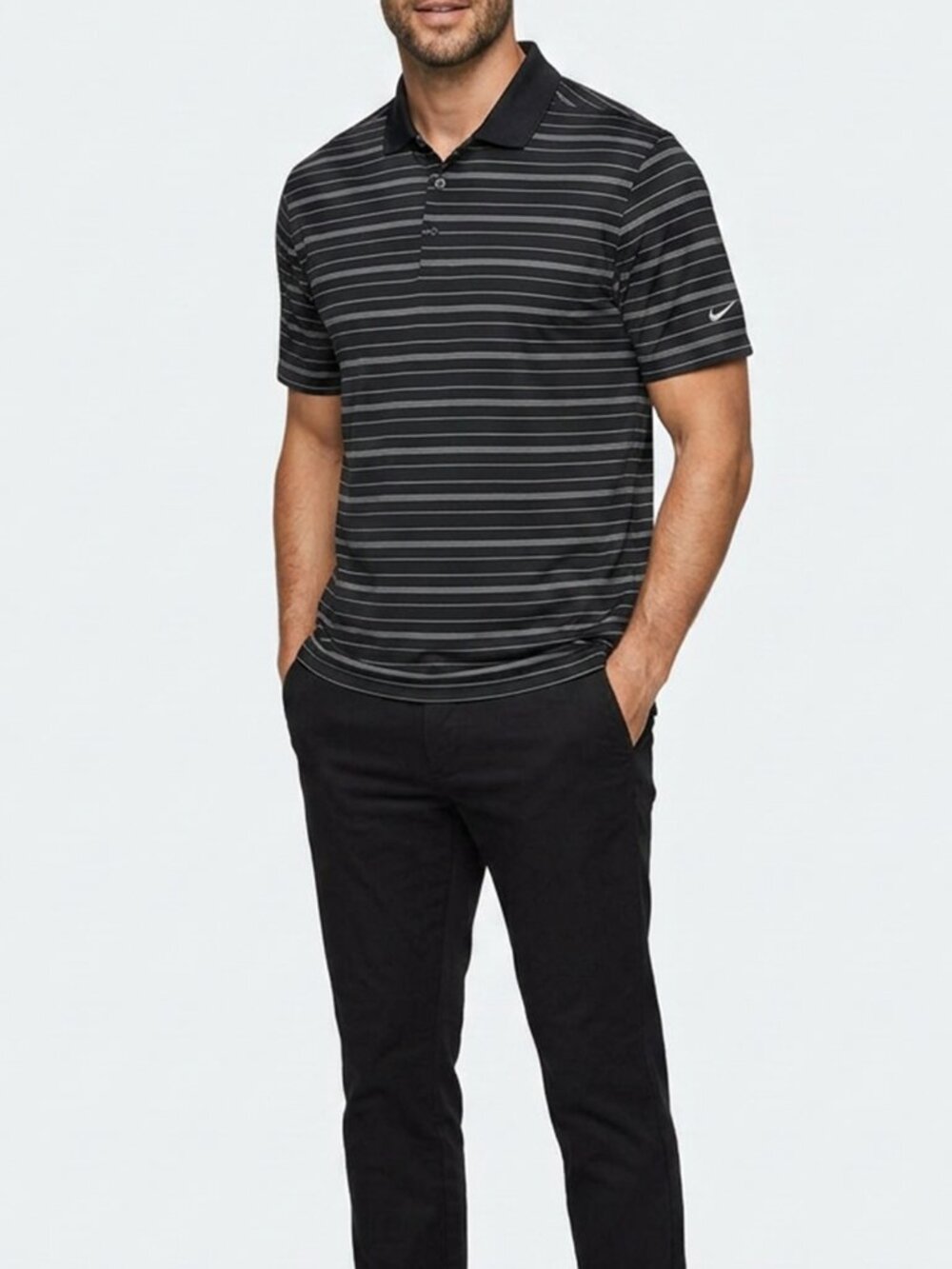 Nike Golf Fit Dry Black White Striped Performance Polo Shirt Men Size LG